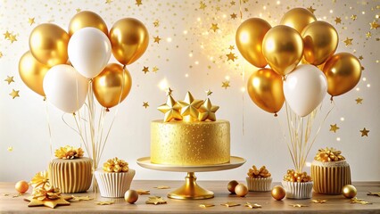 Vibrant golden balloons and streamers adorn a festive birthday party scene with a lavish golden cake and sparkling gold decorations against a bright white background.