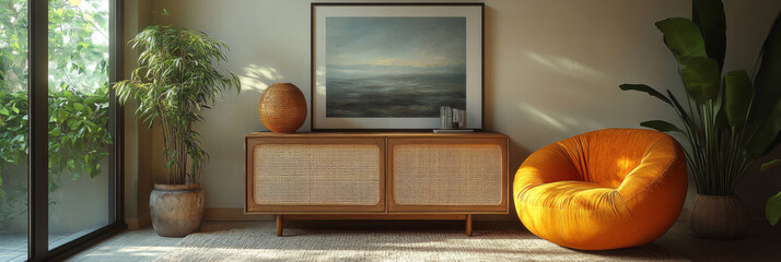 Sticker - Mid-century modern living room with a comfy orange chair.