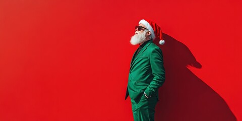 Wall Mural -  modern Santa, fashionable, green santa suit, solid red background, copy space 