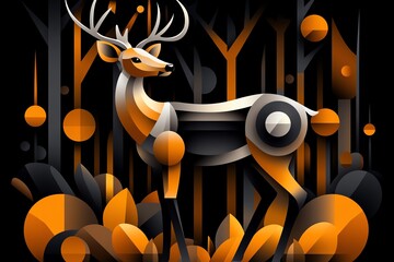 Poster - Geometric design of a deer standing in a forest, using abstract shapes and muted colors to represent the connection between fauna and the natural world