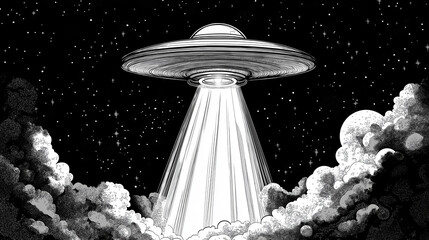 Aufkleber - Flying saucer is hovering over clouds and projecting a beam of light in a starry night sky