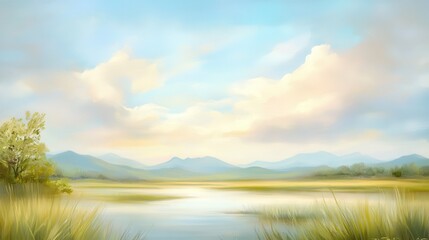 Wall Mural - a painting of a lake with mountains in the background