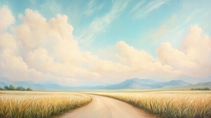 Wall Mural - a painting of a road with a cloudy sky in the background