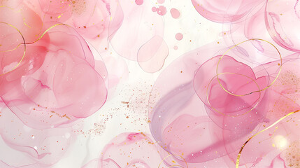 Wall Mural - Watercolor bubbles with gold accents in soft pink hues, forming an elegant and delicate abstract pattern