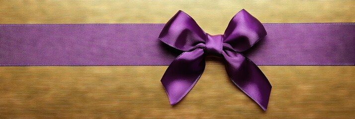 Wall Mural -  purple ribbon and bow on gold background, gift wrap concept 