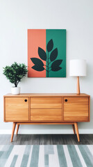 Sticker - Mid-century modern living room with a stylish wooden cabinet and a minimalist artwork on the wall.