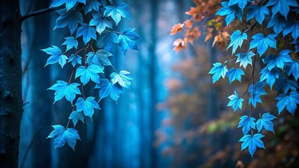 A delicate branch of vibrant blue leaves against a soft blue and brown blurred background, a serene and ethereal natural scene.