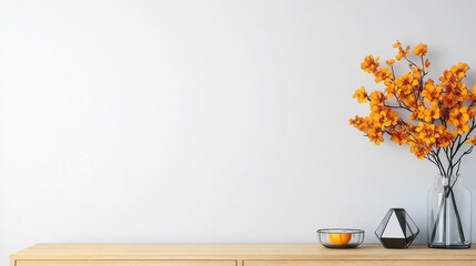 Poster - Minimalist decor with a vase of orange flowers on a wooden table.