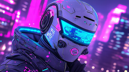 Poster - Cyberpunk character wearing futuristic helmet and suit standing in city with neon lights