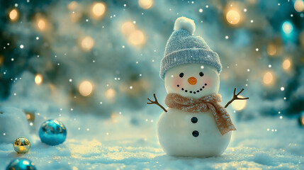 Poster - Cute snowman is standing on the snow in front of a christmas tree with fairy lights and snow falling