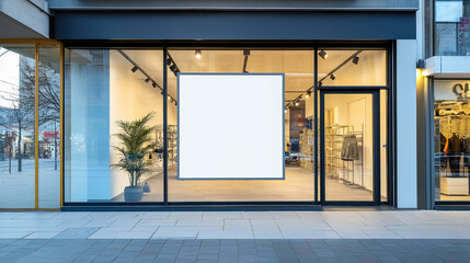 Aufkleber - Modern clothing store is displaying a big empty white mock up banner in the shop window at night