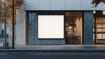Poster - Modern storefront is displaying a large blank billboard on its facade at dusk