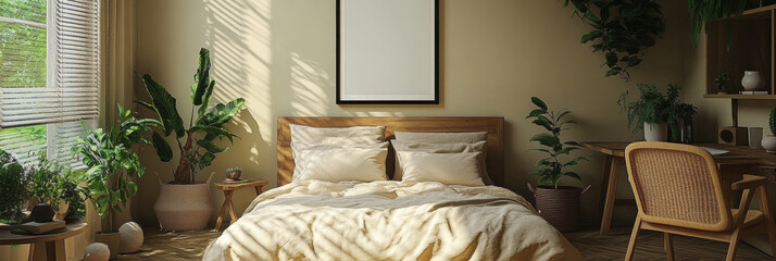 Poster - A cozy bedroom with a bed dressed in white linens and a large window with blinds.