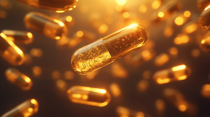 Poster - Lot of golden medical gel capsules are flying on a blurry background