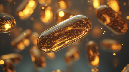 Poster - Golden medical capsules are falling on a dark background