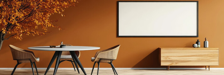 Wall Mural - Minimalist dining room with an orange wall and a large framed print.