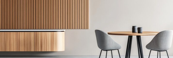 Poster - Minimalist dining area with wood paneling and a round table.