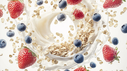 Poster - Milk is splashing and creating a swirl with fresh strawberries, blueberries and oats