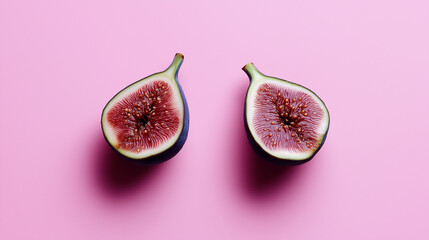 Poster - Two halves of a fresh fig floating on a vibrant pink background