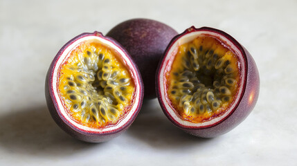 Aufkleber - Three passion fruits on a marble countertop, two of them are cut open revealing the seeds and the pulp