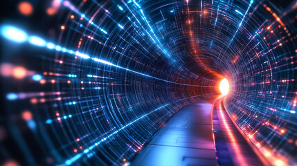 Leinwandbilder - Abstract digital tunnel with glowing lines and light at end
