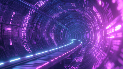 Poster - Futuristic tunnel with neon lights is showing data stream flowing through server