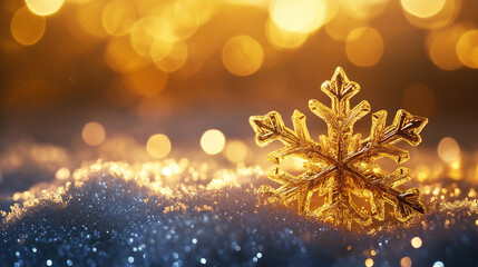 Poster - Golden christmas snowflake shining on snow with blurred lights background