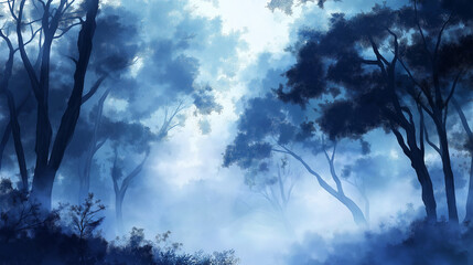 Aufkleber - Fog is covering the blue forest in a cold winter morning