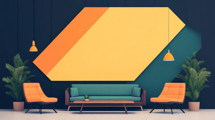 Poster - A modern living room with a teal couch and orange chairs.