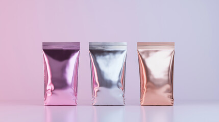 Poster - Three metallic foil doypack pouches standing on a reflective surface