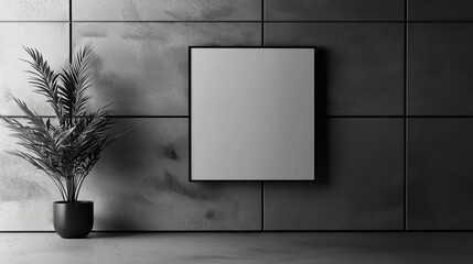 Poster - Square mockup frame is hanging on a concrete wall with a potted plant