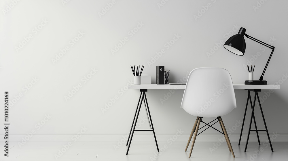 Modern minimalist home office is featuring a white desk and chair with ...