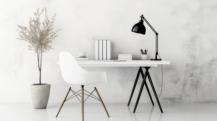 Aufkleber - Minimalist home office with white desk and black lamp standing in front of white wall