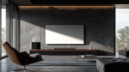 Poster - Sunlight shining through window in modern minimalist living room with tv showing a blank screen