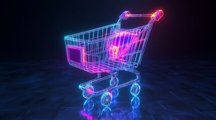 Neon Wireframe Shopping Cart Futuristic Ecommerce Concept