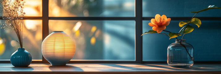 Sticker - A windowsill decorated with a vase of flowers and a lamp.