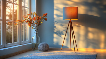 Canvas Print - A cozy corner with a floor lamp, a vase with orange flowers, and a knitted ottoman.