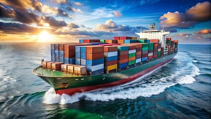 A large cargo ship, laden with containers, cuts through the ocean waves at sunset, leaving a trail of white foam in its wake.