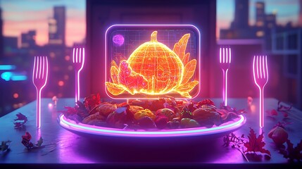 Neon Glow Thanksgiving Feast Digital Pumpkin with Fall Leaves and Forks