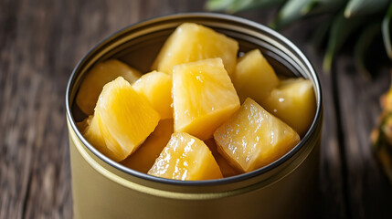 Wall Mural - Open can revealing delicious preserved pineapple chunks on wooden table