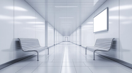 Aufkleber - Empty white futuristic corridor is illuminated by lights with a blank billboard and benches