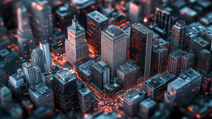 Aufkleber - Cityscape with skyscrapers lighting up at night in a tilt shift style