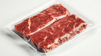 Two fresh red steaks in vacuum pack sitting on white background