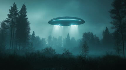 Aufkleber - Large alien spaceship is hovering over a forest at night, illuminating the trees with its bright lights