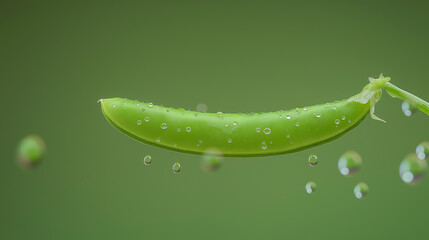 Poster - Single fresh pea pod hanging with water droplets on a green background