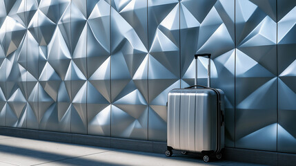 Aufkleber - Modern silver suitcase leaning on a geometric wall is casting a shadow on the sidewalk