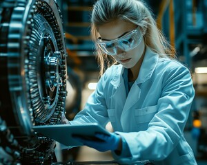 Poster - Female scientist and industrial engineer in a stateoftheart lab, working on a futuristic jet engine and new electric motor, tablet computer involved in technological development