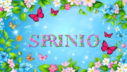 Wall Mural - Colorful springtime banner featuring blooming flowers, butterflies, and Spring text against a bright blue backdrop