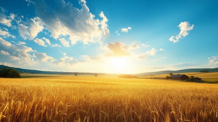 Wall Mural - Golden wheat field at sunset with a farmhouse in the distance.