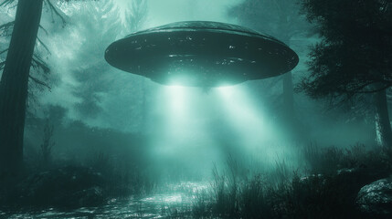 Aufkleber - Large alien ufo spaceship hovering over a swamp in a foggy forest at night